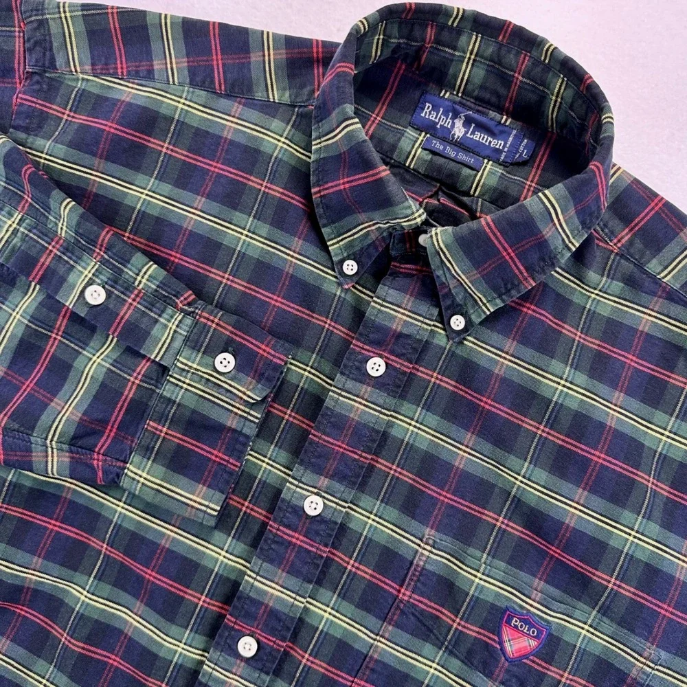 VTG Ralph Lauren The Big Shirt Mens Large Green Plaid Button Down Logo Crest